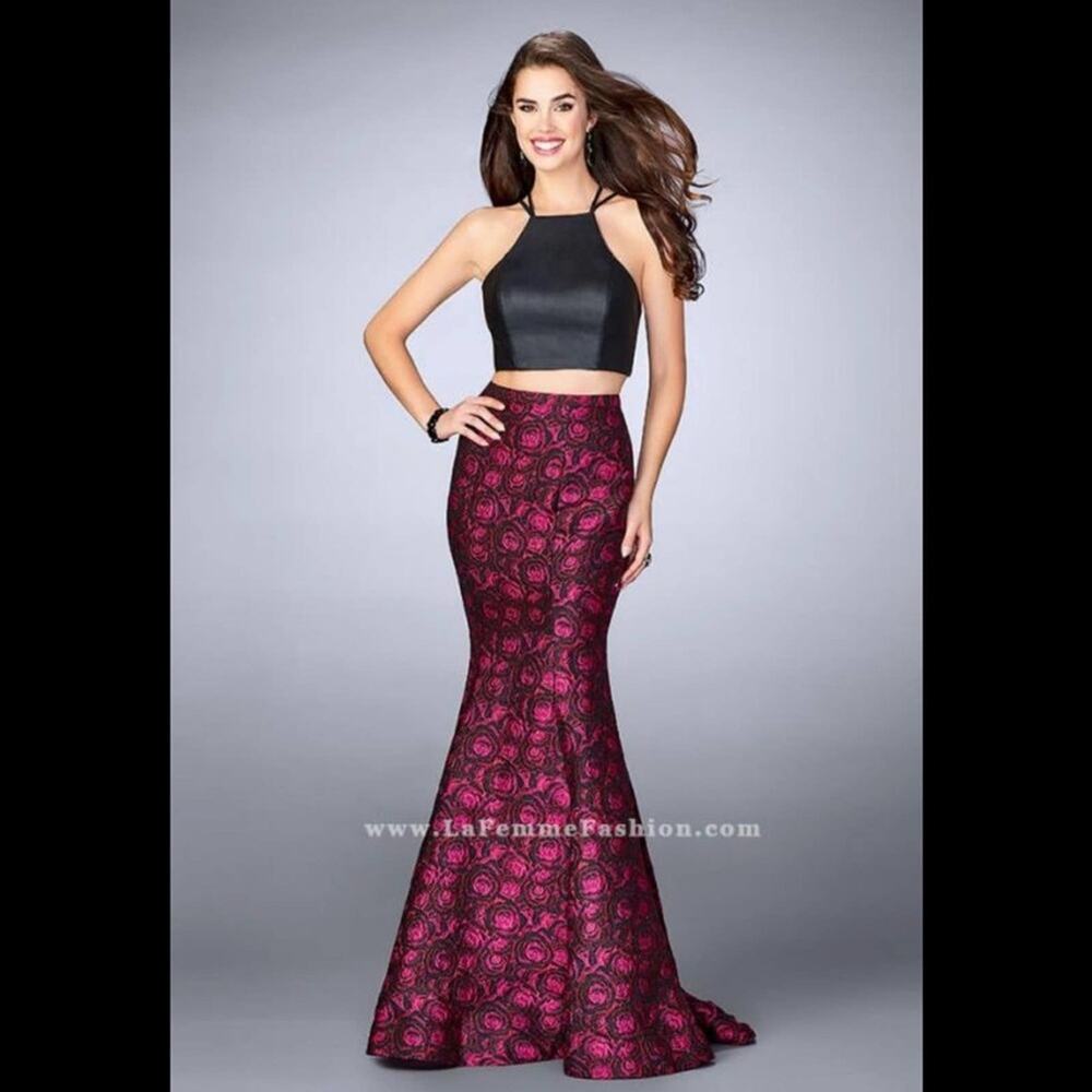 NWT La Femme 23864 two piece mermaid dress - vegan leather top & strappy back